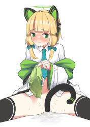 Rule 34 | 1girl, animal ear headphones, animal ears, black thighhighs, blonde hair, blue archive, blue bow, blue necktie, blunt bangs, blush, bow, cat ear headphones, cat tail, closed mouth, commentary request, fake animal ears, green eyes, green halo, green panties, hair bow, halo, headphones, highres, jacket, long sleeves, looking away, looking to the side, low-tied sidelocks, momoi (blue archive), necktie, no panties, panties, unworn panties, pussy juice, pussy juice stain, shirt, short hair, simple background, sitting, solo, spread legs, stained panties, tail, tail censor, teruisi, thighhighs, underwear, white background, white jacket, white shirt, wide sleeves