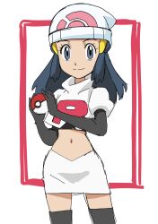 Rule 34 | 1girl, alternate costume, beanie, black gloves, black hair, boots, closed mouth, commentary request, cosplay, creatures (company), cropped jacket, dawn (pokemon), elbow gloves, eyelashes, game freak, gloves, grey eyes, hainchu, hair ornament, hairclip, hat, highres, holding, holding poke ball, jacket, jessie (pokemon), jessie (pokemon) (cosplay), logo, long hair, looking at viewer, navel, nintendo, poke ball, poke ball (basic), pokemon, pokemon (anime), pokemon dppt (anime), sidelocks, skirt, smile, solo, split mouth, team rocket, team rocket uniform, thigh boots, white hat, white jacket, white skirt