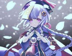Rule 34 | 1girl, bead necklace, beads, blush, braid, closed eyes, coin, coin hair ornament, eyelashes, genshin impact, hair between eyes, hair ornament, hat, highres, jewelry, long sleeves, looking at viewer, necklace, petals, purple eyes, purple hair, purple hat, qingdai guanmao, qiqi (genshin impact), remon (kranchi), solo, talisman, wide sleeves