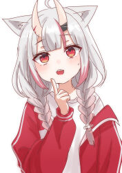 Rule 34 | 1girl, absurdres, ahoge, animal ears, braid, cat ears, chestnut mouth, commentary request, demon horns, finger to cheek, highres, hololive, horns, jacket, long hair, looking at viewer, multicolored hair, nakiri ayame, nakiri ayame (7th costume), official alternate costume, oni, open mouth, red eyes, red hair, red jacket, roboro935672, shirt, solo, streaked hair, teeth, track jacket, track suit, twin braids, upper teeth only, virtual youtuber, white background, white hair, white shirt