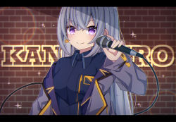 Rule 34 | &gt;:), 1girl, absurdres, blue shirt, blurry, blurry background, blush, brick wall, closed mouth, collared shirt, depth of field, earrings, flower earrings, hair between eyes, highres, higuchi kaede, holding, holding microphone, jacket, jewelry, letterboxed, long hair, long sleeves, microphone, nijisanji, off shoulder, open clothes, open jacket, purple eyes, purple jacket, sapphire (sapphire25252), shirt, silver hair, sleeves past wrists, smile, solo, sparkle, v-shaped eyebrows, very long hair, virtual youtuber