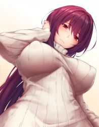 Rule 34 | 1girl, blush, breasts, fate/grand order, fate (series), from below, gradient background, hair between eyes, tucking hair, highres, large breasts, long hair, long sleeves, looking at viewer, lun7732, purple hair, red eyes, scathach (fate), simple background, smile, solo, sweater, turtleneck, turtleneck sweater, very long hair, white sweater
