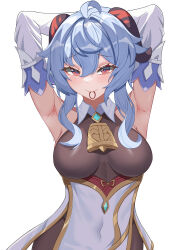Rule 34 | 1girl, absurdres, adjusting hair, ahoge, armpits, arms behind head, arms up, bell, blue hair, blush, breasts, covered navel, ganyu (genshin impact), genshin impact, hair tie in mouth, hand in own hair, hands in hair, highres, horns, long hair, looking at viewer, medium breasts, mouth hold, neck bell, purple eyes, ranran236, sidelocks, smile, solo, tying hair, upper body, white background