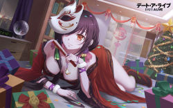 Rule 34 | 10s, 1girl, arm support, artist request, bell, bell earrings, black hair, book, bookshelf, box, breasts, breasts apart, brown eyes, cangkong, christmas, christmas tree, cleavage, clock, confetti, copyright name, curtains, date a live, digital clock, downblouse, dutch angle, earrings, folding fan, fox mask, gift, gift box, hair over one eye, hand fan, highres, holding, holding fan, indoors, japanese clothes, jewelry, light smile, long hair, looking at viewer, lying, mask, off shoulder, on floor, on stomach, pocket watch, red eyes, ring, shoes, smile, snow globe, solo, star (symbol), streamers, swept bangs, tokisaki kurumi, twintails, watch, wide sleeves, window, wrist cuffs
