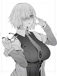 Rule 34 | 1girl, arm up, bare shoulders, blush, breasts, collared shirt, commentary request, unworn eyewear, facing viewer, fate/grand order, fate (series), glasses, greyscale, hair over one eye, holding, holding removed eyewear, jacket, jacket on shoulders, large breasts, looking at viewer, mash kyrielight, monochrome, necktie, parted lips, shirt, short hair, sleeveless, solo, standing, vest, zhen lu