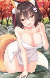 Rule 34 | 1girl, :d, animal ear fluff, animal ears, arm support, autumn, autumn leaves, blue archive, blurry, blush, breasts, brown hair, cleavage, day, depth of field, eyeshadow, fang, fox ears, fox girl, fox shadow puppet, fox tail, groin, hair between eyes, hair ornament, hand up, hayana neru, highres, izuna (blue archive), large breasts, leaf, leaning forward, looking at viewer, makeup, maple leaf, naked towel, onsen, open mouth, outdoors, pom pom (clothes), red eyeshadow, short hair, sidelocks, smile, solo, tail, thighs, towel, tree, water, wet, white towel, yellow eyes