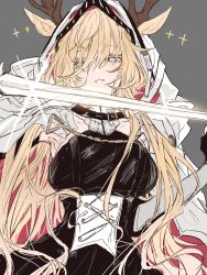 Rule 34 | an fyhx, animal ears, antlers, arknights, armpits, black dress, black gloves, blonde hair, blue eyes, cape, colored eyelashes, commentary, deer ears, deer girl, dress, gloves, highres, holding, holding sword, holding weapon, hood, hooded cape, horns, long hair, looking at viewer, parted lips, smile, sword, symbol-only commentary, upper body, vambraces, very long hair, viviana (arknights), weapon, white cape, white hood