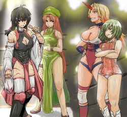 Rule 34 | 4girls, abs, adapted costume, black eyes, black hair, blonde hair, blood, blood on clothes, boots, braid, breasts, brown eyes, chinese clothes, cleavage, cleavage cutout, clothing cutout, cracking knuckles, detached sleeves, fishnet legwear, fishnets, green hair, grin, hat, hong meiling, horns, hoshiguma yuugi, kazami yuuka, knee boots, knee pads, kongari tokei, large breasts, long hair, m.u.g.e.n, mask, unworn mask, microphone, multiple girls, muscular, muscular female, one-piece swimsuit, oni, original, pinky out, red hair, scar, sendai hakurei no miko, short hair, single horn, single thighhigh, smile, star (symbol), swimsuit, thighhighs, touhou, twin braids, very long hair, white one-piece swimsuit, wrestling mask, wrestling outfit, wrestling ring
