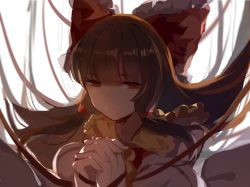 Rule 34 | 1girl, alternate eye color, ascot, bare shoulders, bow, brown hair, detached sleeves, dress, hair bow, hair ornament, hair tie, hakurei reimu, hands up, interlocked fingers, juine, long hair, looking at viewer, own hands clasped, own hands together, red dress, red eyes, red ribbon, ribbon, sidelocks, solo, touhou, upper body