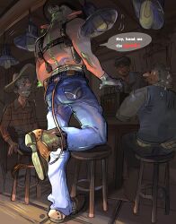 Rule 34 | 4boys, animal ears, arm hair, bartender, blue pants, boots, brown background, brown footwear, brown hat, closed eyes, commentary, cow boy, cow ears, cow tail, cowboy hat, cowboy western, denim, english commentary, facing another, full body, fur-tipped tail, green eyes, hat, height difference, highres, indoors, jeans, male focus, midriff sarashi, multiple boys, no shirt, original, pants, salon, sarashi, short hair, sitting, standing, standing on one leg, stool, sweat, tail, wooden floor, yaofour