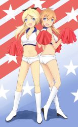 Rule 34 | 2girls, american flag, ass, back-to-back, blonde hair, blue eyes, blush, boots, bow, breasts, charlotte e. yeager, cheerleader, cleavage, collarbone, fang, hair bow, katharine ohare, long hair, midriff, multiple girls, navel, open mouth, orange hair, pom pom (cheerleading), ponytail, rasielcochma, short shorts, shorts, sleeveless, star (symbol), strike witches, strike witches: suomus misfits squadron, united states, world witches series