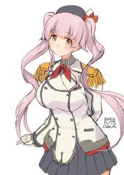 Rule 34 | 1girl, alternate hairstyle, artist name, beret, black hat, breasts, brown eyes, buttons, cosplay, cowboy shot, dated, epaulettes, frilled sleeves, frills, gloves, grey skirt, hat, highres, jacket, kantai collection, kashima (kancolle), kashima (kancolle) (cosplay), large breasts, long hair, long sleeves, looking at viewer, military, military jacket, military uniform, neckerchief, owa (ishtail), pink hair, pleated skirt, ponytail, red neckerchief, simple background, skirt, solo, twintails, uniform, very long hair, white background, white gloves, white jacket, yura (kancolle)