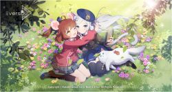 Rule 34 | 2girls, animal ears, beret, black jacket, blazer, blue eyes, blue skirt, blush, braid, brown hair, cardigan, cat, cat ears, cat girl, cat tail, cellphone, copyright name, copyright notice, english text, eversoul, field, flower, flower field, french braid, hat, holding, holding phone, jacket, light rays, logo, mica (eversoul), mouse ears, mouse girl, multiple girls, official art, on grass, one eye closed, open mouth, outstretched arm, phone, ponytail, promotional art, red cardigan, school uniform, seeha (eversoul), selfie, sitting, skirt, smartphone, smile, sunbeam, sunlight, tail, v, wariza, white hair, yellow eyes, yokozuwari