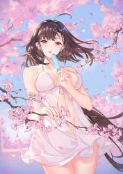 Rule 34 | 1girl, :o, ahoge, anchor hair ornament, artist name, atdan, azur lane, babydoll, bare arms, bare shoulders, blue sky, blush, breasts, breasts apart, brown hair, cherry blossoms, collarbone, cowboy shot, day, earrings, food, hair intakes, hair ornament, highres, holding, holding food, independence (azur lane), jewelry, large breasts, light particles, lingerie, long hair, looking at viewer, low ponytail, mole, mole on thigh, navel, open mouth, outdoors, petals, popsicle, red eyes, sidelocks, sky, slit pupils, solo, standing, stomach, strap gap, sweat, thighs, branch, underwear, very long hair, white babydoll