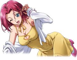 Rule 34 | 1girl, arm up, artist request, bare shoulders, bent over, blue eyes, blush, breasts, cleavage, cleavage cutout, clothing cutout, code geass, code geass: lost stories, dress, female focus, forehead, game cg, hair intakes, kouzuki kallen, large breasts, leaning forward, leg up, long sleeves, looking down, neck ribbon, non-web source, off shoulder, official art, one eye closed, open clothes, open shirt, orange ribbon, pink footwear, playing with own hair, red hair, ribbon, shirt, short hair, sidelocks, simple background, sleeveless, sleeveless dress, solo, spaghetti strap, standing, standing on one leg, sweat, thighhighs, transparent background, white shirt, white thighhighs, yellow dress