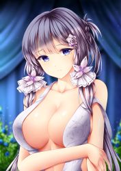 Rule 34 | 1girl, azur lane, blue eyes, breasts, center opening, closed mouth, dress, hair ornament, highres, illustrious (azur lane), illustrious (morning star of love and hope) (azur lane), large breasts, long hair, looking to the side, mole, mole under eye, silver hair, solo, upper body, wedding dress, wsman