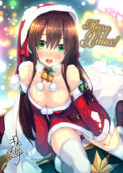 Rule 34 | 1girl, :d, artist request, bare shoulders, blush, boots, breasts, breath, brown hair, cleavage, dress, dress tug, fur-trimmed boots, fur trim, gluteal fold, hat, long hair, looking at viewer, merry christmas, open mouth, panties, pantyshot, pink panties, red dress, red footwear, sack, santa boots, santa costume, santa hat, sidelocks, smile, snowing, solo, thighhighs, underwear, white thighhighs