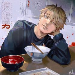 Rule 34 | 1boy, absurdres, artist name, black shirt, blonde hair, blood, blood splatter, bowl, chainsaw man, chopsticks, copyright name, denji (chainsaw man), hair between eyes, head rest, highres, indoors, kyuuba melo, long sleeves, looking at viewer, male focus, monster, mouth hold, pochita (chainsaw man), shirt, short hair, table, teeth hold, toothpick, tray, upper body, yellow eyes