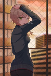 Rule 34 | 1girl, 30re, amane suzuha, arm up, ass, black shorts, blue jacket, braid, breasts, brown hair, fence, green eyes, highres, jacket, looking at viewer, shorts, side braids, signature, small breasts, smile, solo, steins;gate, track jacket, twin braids