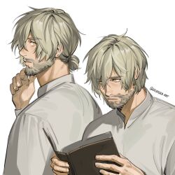 Rule 34 | 1boy, alternate facial hair, alternate hair length, alternate hairstyle, beard, book, closed mouth, collared shirt, commentary, dungeon meshi, english commentary, etceteraart, expressionless, facial hair, grey hair, hand on own chin, highres, holding, holding book, laios touden, long sleeves, looking at viewer, male focus, multiple views, reading, shirt, short hair, short ponytail, simple background, twitter username, upper body, white background, white shirt, yellow eyes