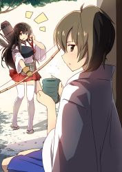 Rule 34 | 10s, 2girls, ^^^, akagi (kancolle), bow (weapon), brown eyes, brown hair, cup, food, japanese clothes, kaga (kancolle), kantai collection, long hair, mouth hold, multiple girls, muneate, mushiboy, personification, pleated skirt, pocky, profile, side ponytail, skirt, teacup, thighhighs, weapon, white legwear, yunomi, zettai ryouiki