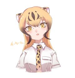 Rule 34 | 1girl, :3, :d, animal ear fluff, animal ears, black hair, blonde hair, character name, cheetah (kemono friends), cheetah ears, cheetah print, commentary, extra ears, gradient hair, hair between eyes, head tilt, highres, kemono friends, long hair, looking at viewer, multicolored hair, necktie, open mouth, print necktie, print neckwear, shirt, simple background, smile, solo, tatsuno newo, upper body, white background, white shirt, wing collar, yellow eyes