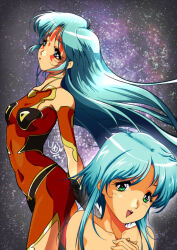 Rule 34 | 1girl, aqua hair, bare shoulders, blue hair, bodysuit, breasts, covered navel, facial tattoo, gloves, ishtar (macross), long hair, looking at viewer, macross, macross 2, mardook, medium breasts, open mouth, retro artstyle, science fiction, smile, solo, space, tattoo, tomo5656ky