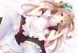 Rule 34 | 10s, 1girl, apron, bed sheet, blush, brown eyes, dress, female focus, frills, hair ornament, long hair, looking at viewer, love live!, love live! school idol project, lying, maid, minami kotori, on bed, puffy sleeves, short sleeves, side ponytail, solo, spread legs, thighhighs, white thighhighs, yellow eyes, yuuyu (yuuyu015)