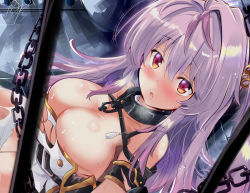 Rule 34 | 1girl, :o, azur lane, bare shoulders, belt, blush, breasts, chain, cleavage, grenville (azur lane), highres, large breasts, light purple hair, long hair, looking at viewer, multicolored hair, purple hair, solo, tonchinkan, torn clothes