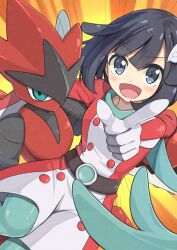 Rule 34 | absurdres, belt, black hair, blue eyes, carrying, creatures (company), game freak, gen 2 pokemon, grey eyes, highres, holding, insect wings, jumpsuit, looking at viewer, medium hair, mega pokemon, mega scizor, negimiso1989, nintendo, open mouth, pointing, pokemon, pokemon (creature), pokemon masters ex, princess carry, scizor, selene (pokemon), wings