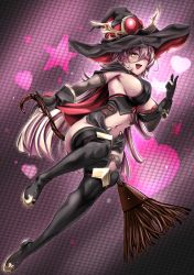 Rule 34 | 1girl, ;d, black gloves, black thighhighs, blush, boots, breasts, broom, cape, elbow gloves, fang, gloves, hair between eyes, hat, highres, large breasts, long hair, looking at viewer, navel, nijisanji, nui sociere, nui sociere (1st costume), one eye closed, open mouth, purple hair, sideboob, slit pupils, smile, solo, thigh boots, thighhighs, virtual youtuber, witch hat, yaruku, yellow eyes