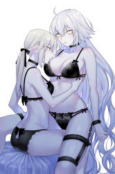 Rule 34 | 2girls, absurdres, ahoge, artoria pendragon (all), artoria pendragon (fate), ass cutout, blonde hair, bra, breasts, butt crack, choker, cleavage, closed mouth, clothing cutout, commentary, couple, cuffs, eyes visible through hair, fate/grand order, fate (series), hair between eyes, hair ribbon, hand under clothes, handcuffs, highres, jeanne d&#039;arc (fate), jeanne d&#039;arc alter (avenger) (fate), jeanne d&#039;arc alter (fate), lingerie, long hair, multiple girls, nipi27, on bed, pale skin, panties, ponytail, profile, ribbon, saber alter, short hair, sidelocks, silver hair, simple background, sitting, thigh strap, underboob, underwear, very long hair, white background, yellow eyes, yuri