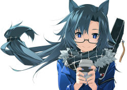 Rule 34 | 1girl, animal ears, arknights, blue eyes, blue hair, fang (arknights), fang (cruciata) (arknights), fur collar, glasses, highres, holding, long hair, long sleeves, looking at viewer, official alternate costume, parted bangs, scarf, shikei, smile, solo, upper body, white background