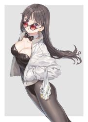 Rule 34 | bag, black hair, black pantyhose, bow, bowtie, breasts, cleavage, cowboy shot, detached collar, earrings, fangxiang cuoluan, grey background, hands in pockets, highres, jacket, jewelry, large breasts, leotard, long hair, looking at viewer, looking over eyewear, looking over glasses, original, pantyhose, plastic bag, playboy bunny, purple eyes, red-tinted eyewear, red-tinted glasses, round eyewear, simple background, solo, sunglasses, tinted eyewear