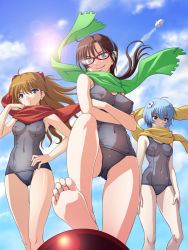 Rule 34 | 00s, 3girls, ayanami rei, barefoot, blue eyes, blue hair, brown hair, chibi, cloud, contrail, crossed arms, day, feet, glasses, green eyes, grey one-piece swimsuit, lens flare, makinami mari illustrious, mass production eva, multiple girls, neon genesis evangelion, one-piece swimsuit, rebuild of evangelion, red eyes, scarf, school swimsuit, see-through, sky, soles, souryuu asuka langley, swimsuit, tadano akira, toes, wind