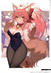 Rule 34 | 3girls, absurdres, animal ear fluff, animal ears, animal hands, ass, bare shoulders, bell, black legwear, black leotard, blurry, blurry background, bow, bowtie, breasts, brown eyes, card, cleavage, closed mouth, collar, cowboy shot, detached collar, fake animal ears, fate/extra, fate/grand order, fate (series), fishnet legwear, fishnets, fox ears, fox girl, fox tail, gloves, hair bow, highleg, highleg leotard, highres, holding, jingle bell, leotard, long hair, looking at viewer, mash kyrielight, medium breasts, multiple girls, muryotaro, neck bell, official alternate costume, orange eyes, pantyhose, paw gloves, paw shoes, pink hair, playboy bunny, playing card, purple hair, purple leotard, purple neckwear, rabbit ears, rabbit tail, scan, scathach (fate), scathach (piercing bunny) (fate), simple background, smile, strapless, strapless leotard, tail, tamamo (fate), tamamo cat (fate), thigh strap, wide hips, wrist cuffs