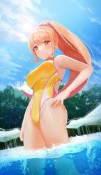 Rule 34 | 1girl, absurdres, bare arms, bare shoulders, blonde hair, blurry, blurry background, blush, breasts, brown eyes, closed mouth, competition swimsuit, danganronpa (series), danganronpa 2: goodbye despair, day, from below, hair ornament, hair scrunchie, hand on own hip, highres, large breasts, long hair, looking down, multicolored clothes, multicolored swimsuit, one-piece swimsuit, outdoors, ponytail, saionji hiyoko, scrunchie, solo, swimsuit, wading, water, yellow one-piece swimsuit, zetto (zet)
