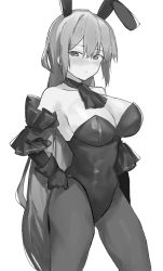 Rule 34 | 1girl, animal ears, arknights, arm cuffs, ascot, bare shoulders, blush, breasts, cleavage, closed mouth, commentary, commission, covered navel, cowboy shot, fake animal ears, gloves, greyscale, hair between eyes, hand on own hip, highres, large breasts, leotard, long hair, looking at viewer, monochrome, pantyhose, playboy bunny, rabbit ears, simple background, skadi (arknights), skeb commission, solo, white background, zellam