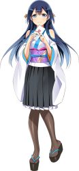 Rule 34 | 1girl, bare shoulders, black skirt, blue eyes, blue hair, brown pantyhose, detached sleeves, full body, hair ornament, holding, holding letter, japanese clothes, letter, long hair, murakami yuichi, official art, oshiro project:re, oshiro project:re, pantyhose, pleated skirt, skirt, smile, solo, transparent background, yamashina honganji (oshiro project)