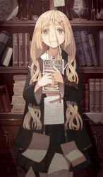 Rule 34 | 1girl, absurdres, black robe, blonde hair, blurry, book, book stack, bookshelf, braid, bright pupils, closed mouth, commentary request, cutlery, feet out of frame, film grain, flying paper, glint, hair ornament, highres, holding, holding book, indoors, long hair, long sleeves, looking at viewer, nakamura haco, hugging object, original, paper, parted bangs, plate, robe, shirt, solo, standing, straight-on, twin braids, wavy hair, white pupils, white shirt, wide sleeves, wing collar, x hair ornament, yellow eyes