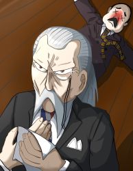 Rule 34 | brown eyes, cleaning, facial hair, formal, glasses, grey hair, henry henderson, highres, holding hands, mustache, old, old man, punching, serious, spy x family, suit, unconscious