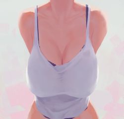 Rule 34 | 1girl, arms behind back, bare shoulders, bra, breasts, cleavage, commentary request, grey background, head out of frame, huge breasts, leaning forward, noccu, original, pink background, purple bra, shirt, solo, underwear, upper body, white shirt