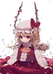 Rule 34 | 1girl, ainy, bad id, bad twitter id, blonde hair, bow, curly hair, dress, flandre scarlet, flower, hat, hat ribbon, long sleeves, mob cap, one-hour drawing challenge, petals, red eyes, red flower, red rose, red skirt, ribbon, rose, shirt, side ponytail, skirt, smile, solo, touhou, vest, wings