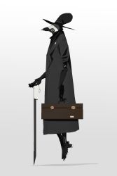 Rule 34 | 1boy, android, black coat, briefcase, cane sword, catlesstail, coat, doctor, floating, from side, full body, gradient background, hat, highres, joints, long coat, no humans, original, plague doctor mask, robot joints, science fiction, solo, sword, top hat, weapon