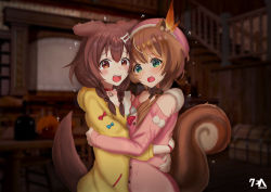 Rule 34 | 2girls, animal ears, ayunda risu, ayunda risu (1st costume), blurry, blurry background, brown eyes, brown hair, collar, commentary, dog ears, dog tail, green eyes, hat, hololive, hololive gamers, hololive indonesia, hug, inugami korone, inugami korone (1st costume), jacket, low twintails, medium hair, multiple girls, open mouth, scared, squirrel ears, squirrel tail, tail, twintails, virtual youtuber, zendrawr