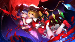 Rule 34 | 2girls, absurdres, ascot, back bow, bad id, bad pixiv id, barefoot, bat (animal), bat wings, blood, blue hair, blush, bow, brooch, buttons, center frills, commentary request, crystal, cup, dress, dress bow, drinking straw, eyelashes, flandre scarlet, frilled shirt collar, frilled skirt, frills, hand on another&#039;s face, hat, hat ribbon, highres, jewelry, looking at viewer, mob cap, moon, multiple girls, myria (7855), one side up, open mouth, pink dress, pink headwear, puffy short sleeves, puffy sleeves, red ascot, red eyes, red moon, red sash, red skirt, red vest, remilia scarlet, ribbon, sash, shirt, short hair, short sleeves, siblings, side ponytail, sisters, skirt, slit pupils, smile, touhou, upper body, vest, white shirt, wings, wrist cuffs
