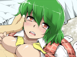Rule 34 | 1girl, bad id, bad pixiv id, bed, blush, breast press, breasts, female focus, green hair, hand on another&#039;s cheek, hand on another&#039;s face, hyudora, kazami yuuka, kneeling, large breasts, plaid, plaid skirt, plaid vest, pov, skirt, skirt set, solo focus, tears, touhou, vest