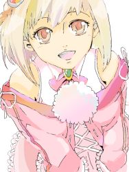 Rule 34 | 1girl, ar tonelico, ar tonelico iii, blonde hair, bow, braid, female focus, from above, gust, hair ornament, open mouth, pink eyes, pom pom (clothes), saki (ar tonelico), shiga sui, short hair, side braid, simple background, solo, teeth, upper teeth only, white background