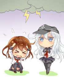 Rule 34 | &gt; &lt;, 2girls, black hat, black sailor collar, black skirt, black socks, blue eyes, brown footwear, brown hair, commentary request, fang, hair between eyes, hat, hibiki (kancolle), ikazuchi (kancolle), irony, kantai collection, katanon (suparutan), kneehighs, long hair, long sleeves, multiple girls, name connection, neckerchief, open mouth, pleated skirt, red neckerchief, sailor collar, school uniform, serafuku, shoes, short hair, silver hair, skirt, socks, thighhighs