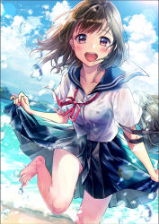Rule 34 | 1girl, :d, bag, barefoot, black skirt, blue sky, blurry, blurry foreground, blush, brown hair, cloud, cloudy sky, commentary request, day, depth of field, feet, highres, long hair, looking at viewer, matsuzaki miyuki, neck ribbon, open mouth, original, outdoors, pleated skirt, red eyes, red ribbon, ribbon, round teeth, sand, school bag, school uniform, see-through, serafuku, shirt, short sleeves, skirt, skirt hold, sky, smile, solo, standing, standing on one leg, sunlight, teeth, toenails, toes, upper teeth only, water, water drop, wet, wet clothes, wet shirt, white shirt